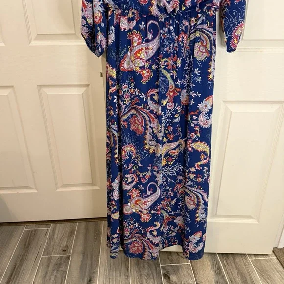 Bisou Bisou Maxi Dress 14 Navy Paisley Colorful Resortware Cruise Career - Picture 8 of 12